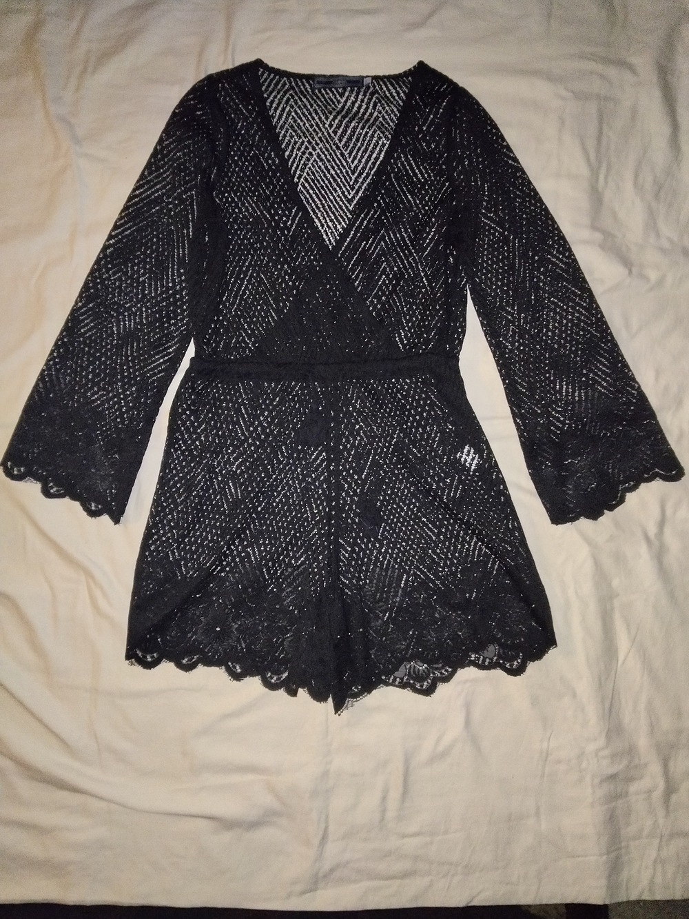 Black Lace V-Neck Romper Chemise with Scalloped Hem